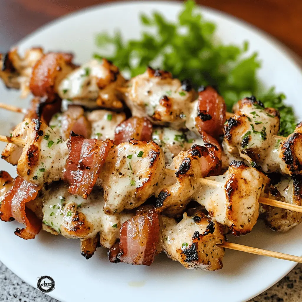 Get ready for a flavor-packed meal with these Chicken Bacon Ranch Kabobs! Perfectly grilled pieces of tender chicken, crispy bacon, and vibrant vegetables come together for an easy and tasty dish. Ideal for summer barbecues or weeknight dinners. Save this quick and delicious recipe for a fun family treat!