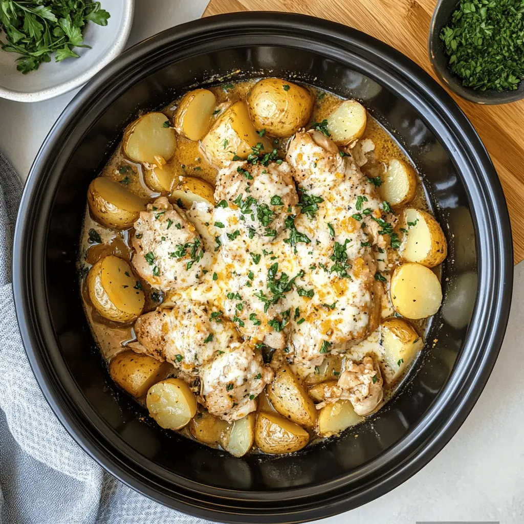 Get ready for a delicious meal with this Crockpot Garlic Parmesan Chicken and Potatoes recipe! Tender chicken thighs are slow-cooked to perfection with flavorful garlic and creamy Parmesan cheese, while baby potatoes soak up all the savory goodness. Perfect for busy days or family gatherings, save this recipe for a comforting dinner that everyone will love!