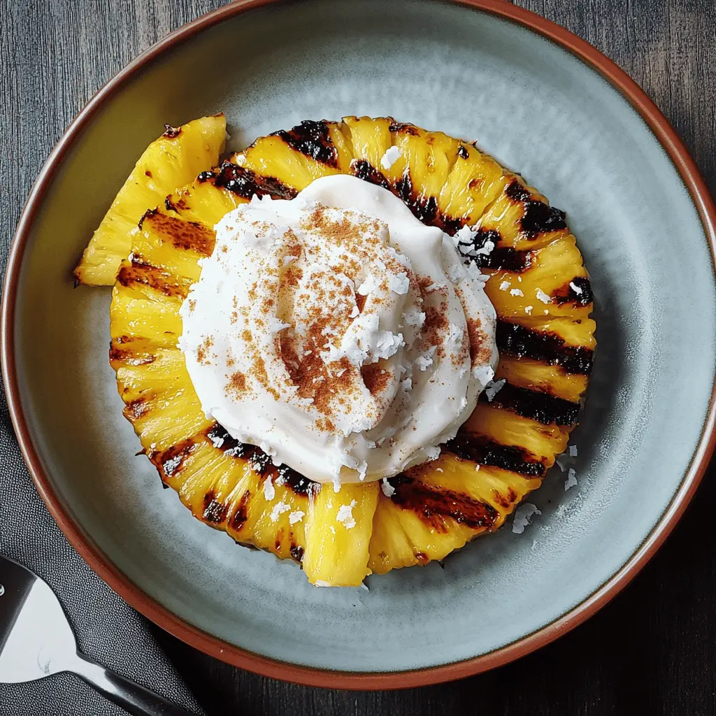 Sweet, caramelized grilled pineapple topped with creamy coconut cinnamon whipped cream makes for a delightful summer dessert! Perfect for backyard barbecues or as a fresh treat anytime. Save this recipe to impress your guests or enjoy a tropical escape at home! 🍍✨