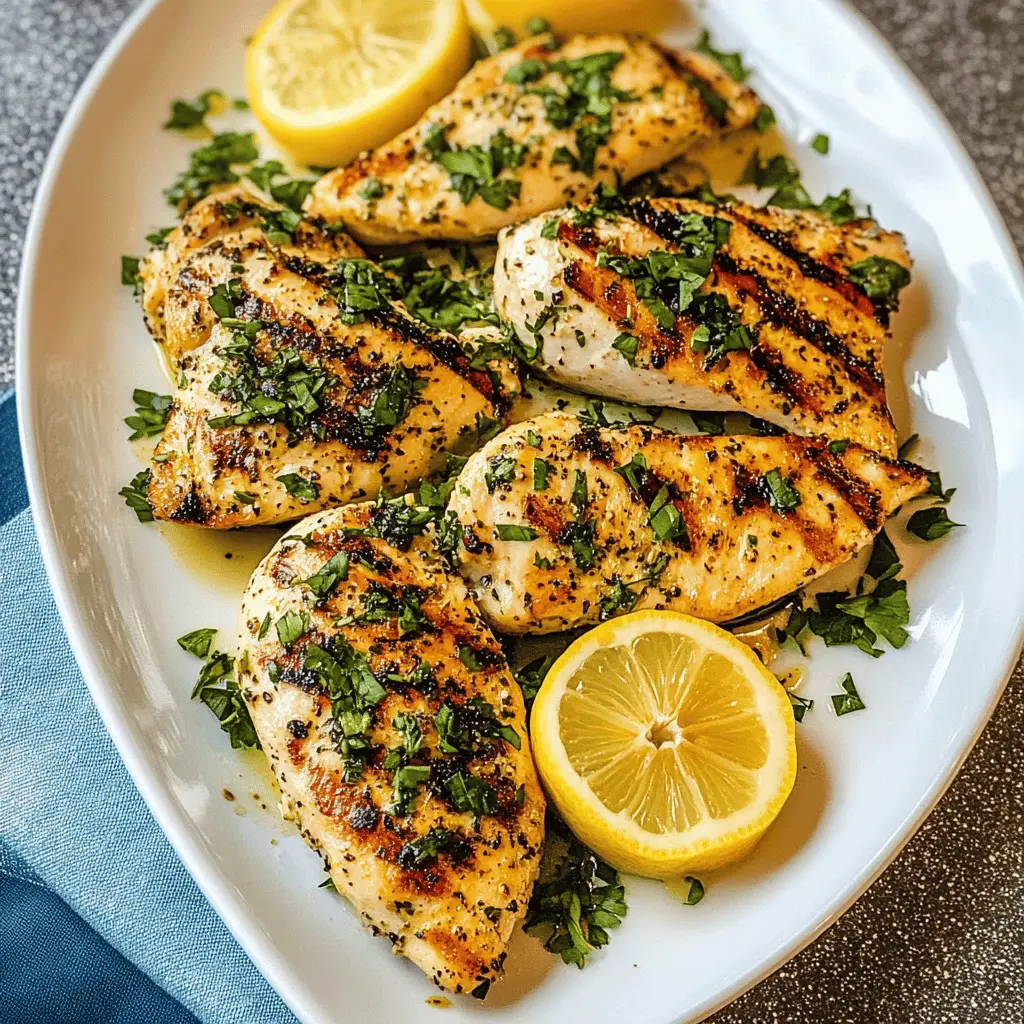 Juicy grilled chicken breasts infused with zesty lemon and savory garlic make for a mouthwatering dish any night of the week! Perfect for summer BBQs or weeknight dinners, this easy recipe highlights fresh ingredients that everyone loves. Save this pin for your next meal idea and impress your family and friends with this flavorful dish!