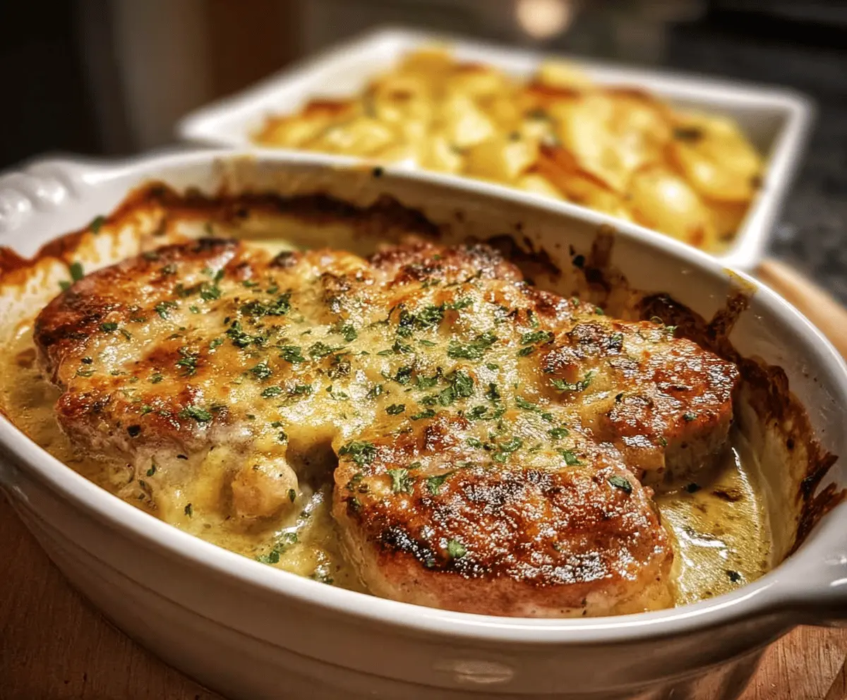 Cheesy Smothered Pork Chop and Scalloped Potato Bake