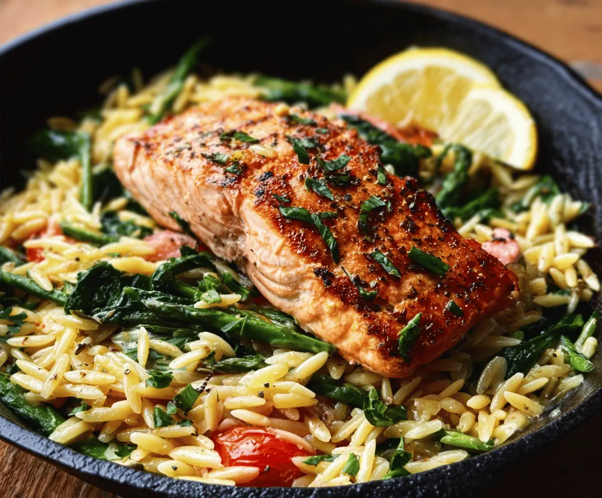 One Skillet Lemon Salmon with Creamy Orzo