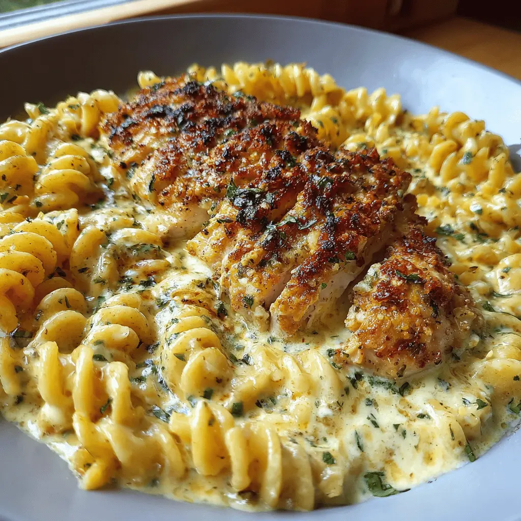 Creamy Garlic Parmesan Chicken with Cheesy Twisted Pasta