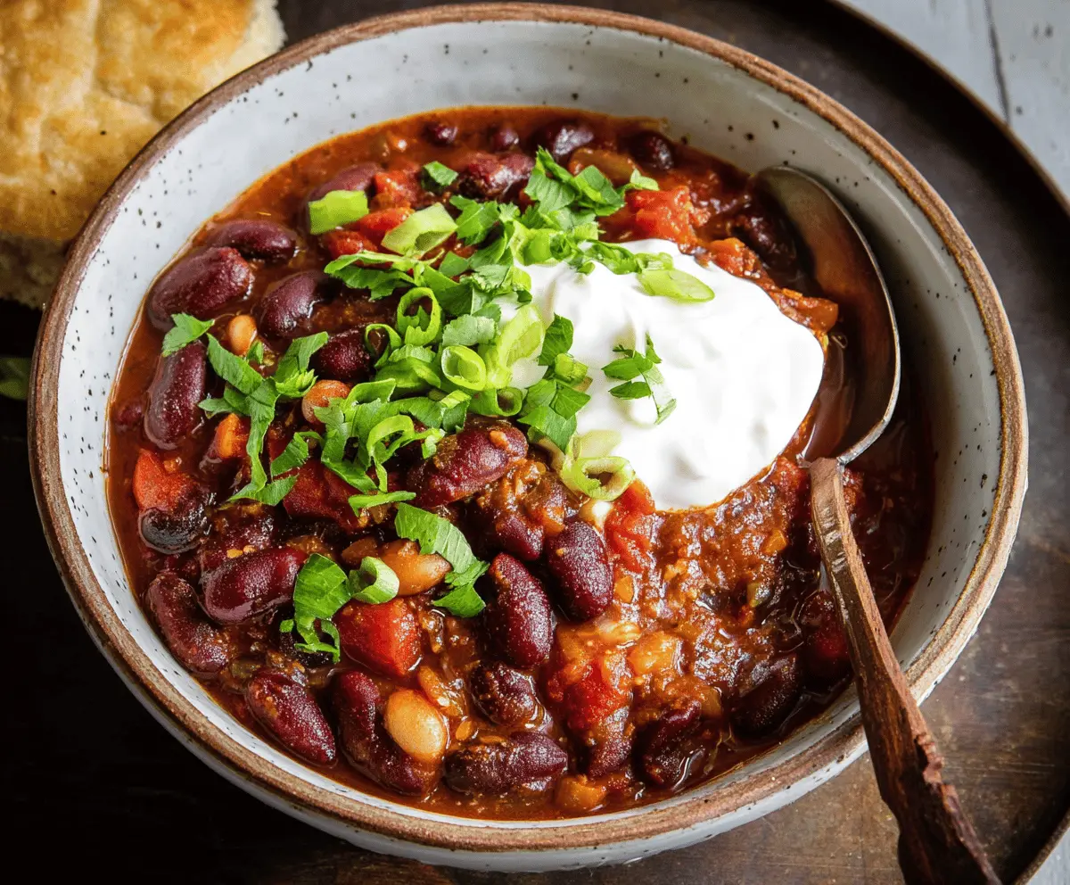Hearty 3-Bean Chili in a bowl topped with fresh herbs and shredded cheese, ready to serve