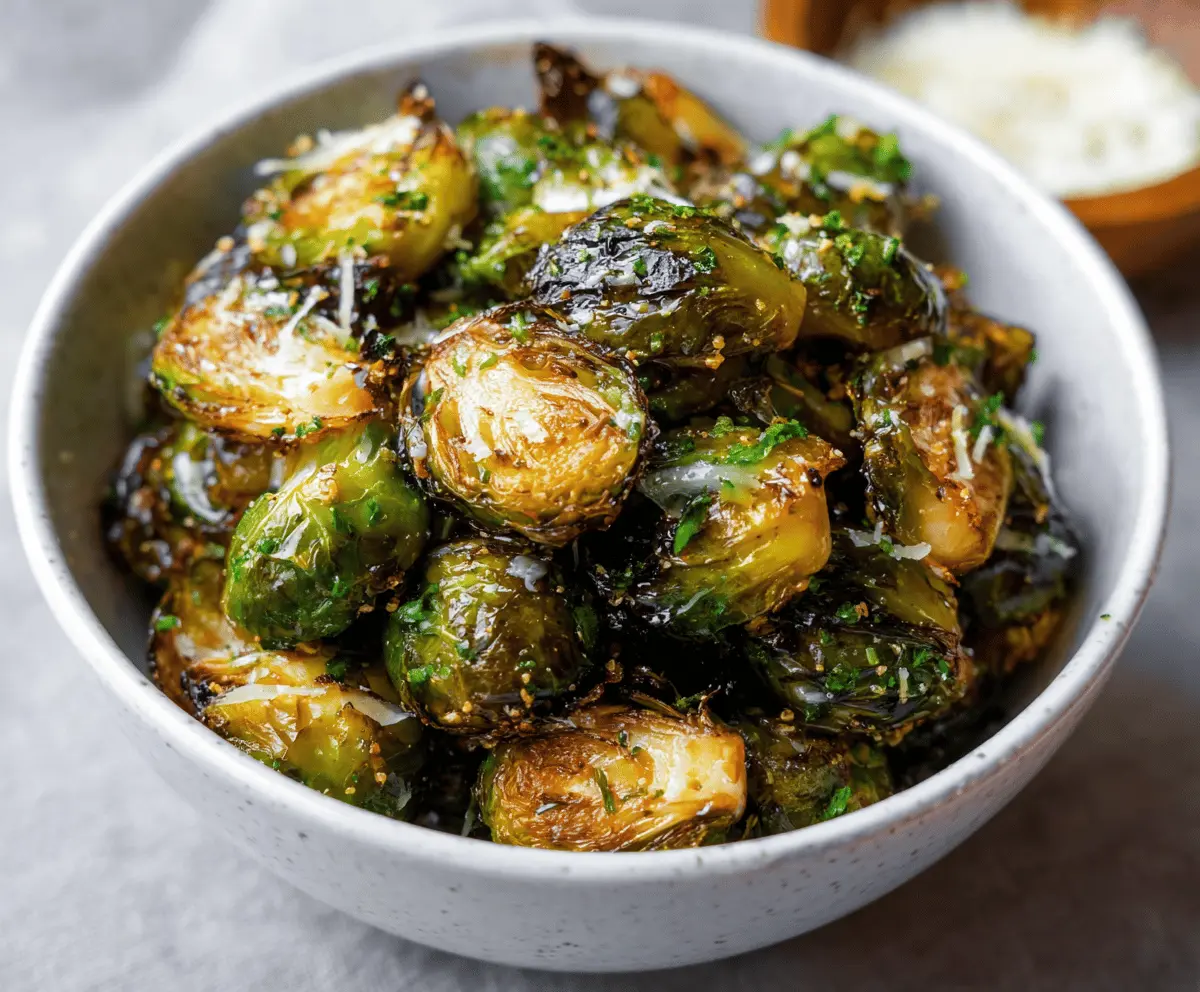 Crispy air fryer Brussels sprouts seasoned and roasted to perfection, healthy vegetable side dish