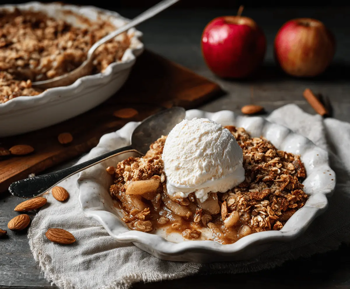 Delicious almond apple crisp topped with toasted almonds and cinnamon served in a glass dish