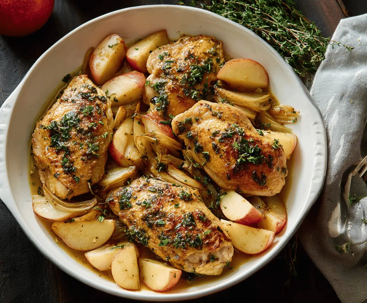 Delicious apple cider chicken recipe featuring tender cooked chicken breasts topped with fresh apple slices and herbs, served on a rustic plate with apple cider sauce.