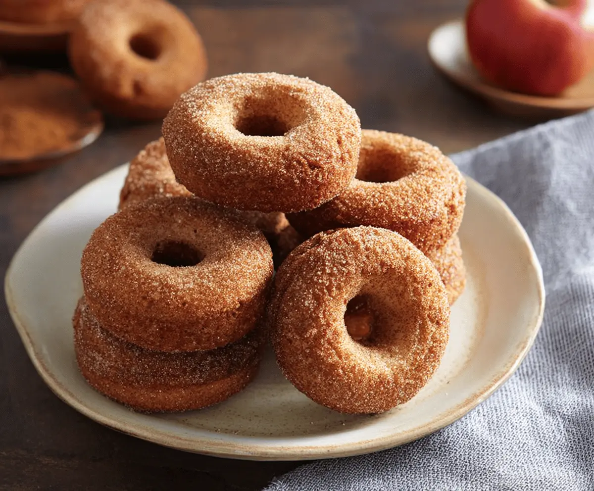Freshly baked apple cider donuts dusted with cinnamon on a rustic plate, perfect for fall treats.