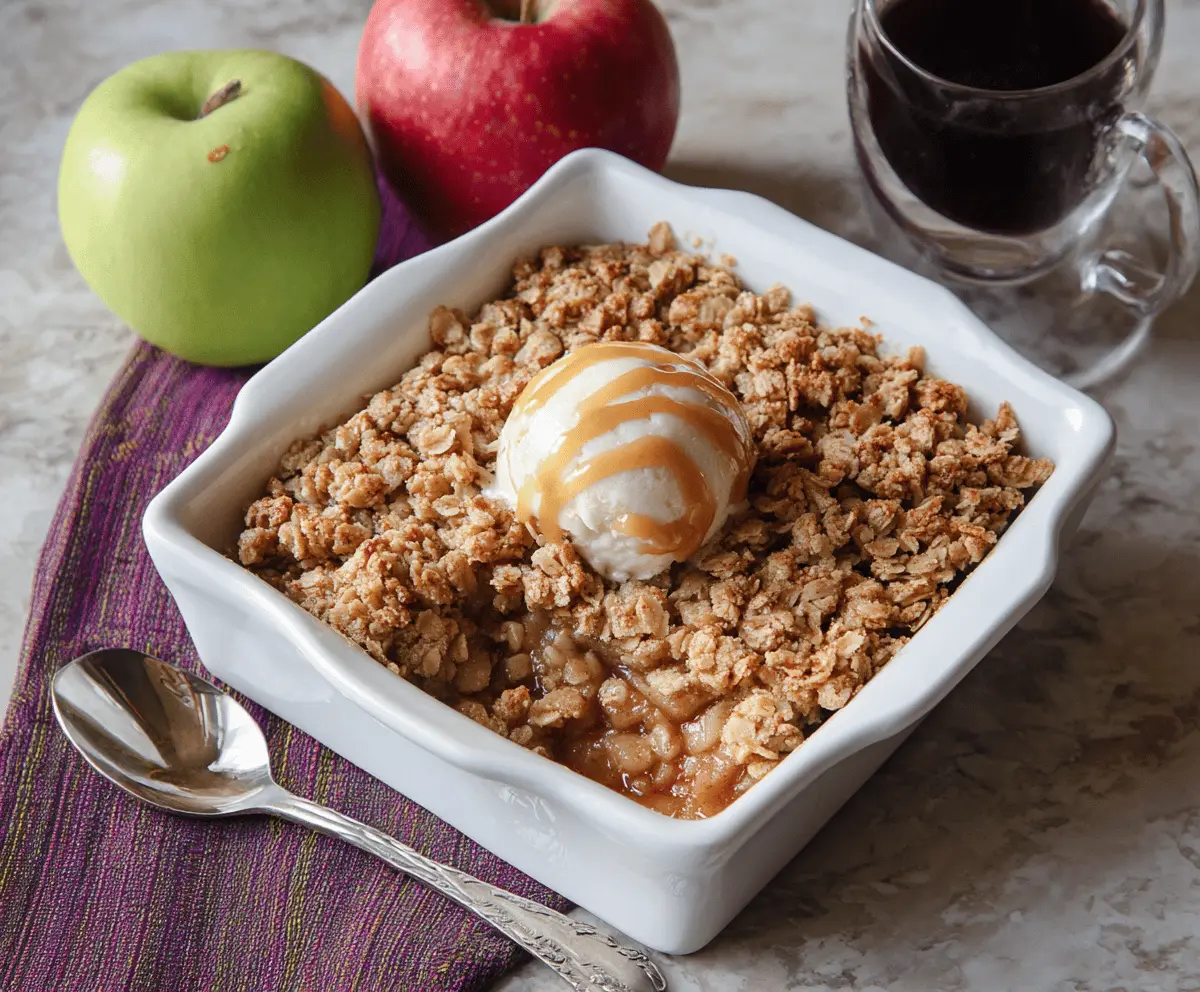 Delicious apple cider glazed apple crisp topped with a golden-brown crumble, served in a rustic dish with fresh apple slices on top.