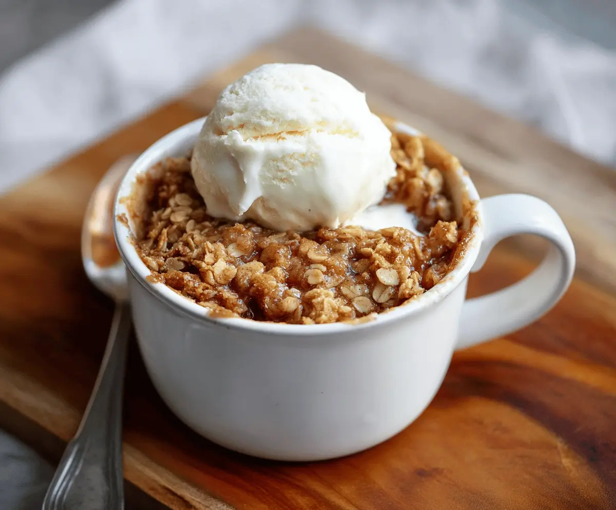 Delicious homemade Apple Crisp served in a mug with cinnamon and caramel topping, perfect for a quick dessert