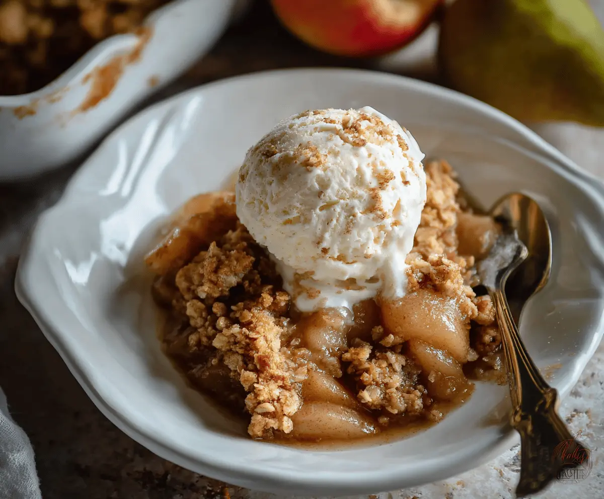 Delicious homemade apple pear crisp topped with golden, crunchy oat streusel, served in a baking dish with fresh apple and pear slices, perfect for a comforting dessert.