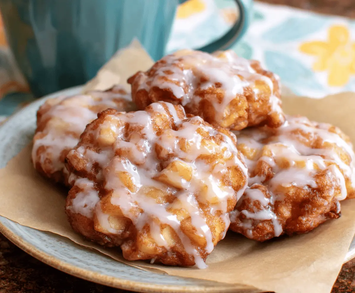 Delicious baked apple fritters drizzled with sweet glaze on a white plate, perfect for a cozy dessert or breakfast treat