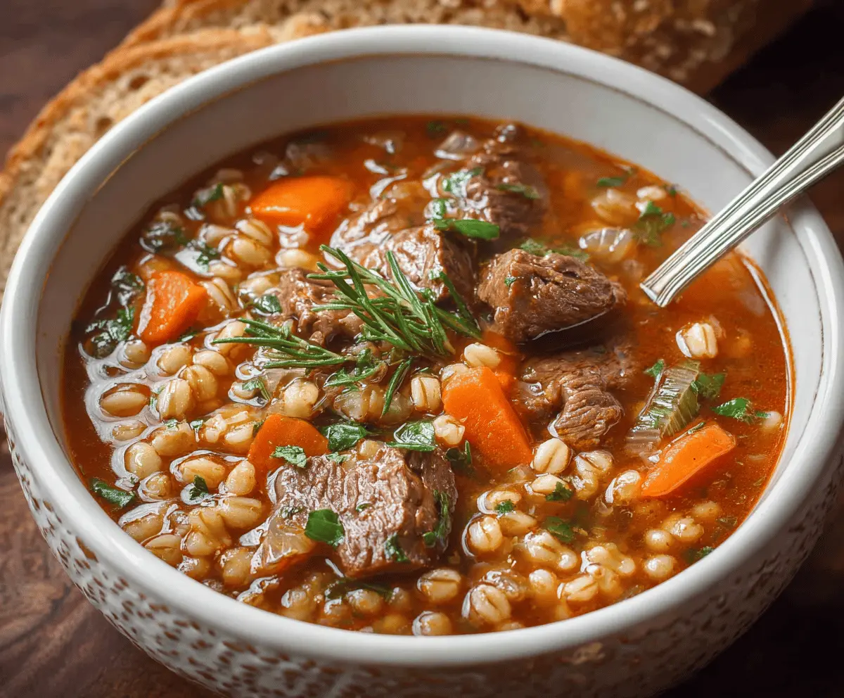 Hearty beef and barley soup with tender beef chunks, vegetables, and barley served in a bowl, perfect for a comforting meal