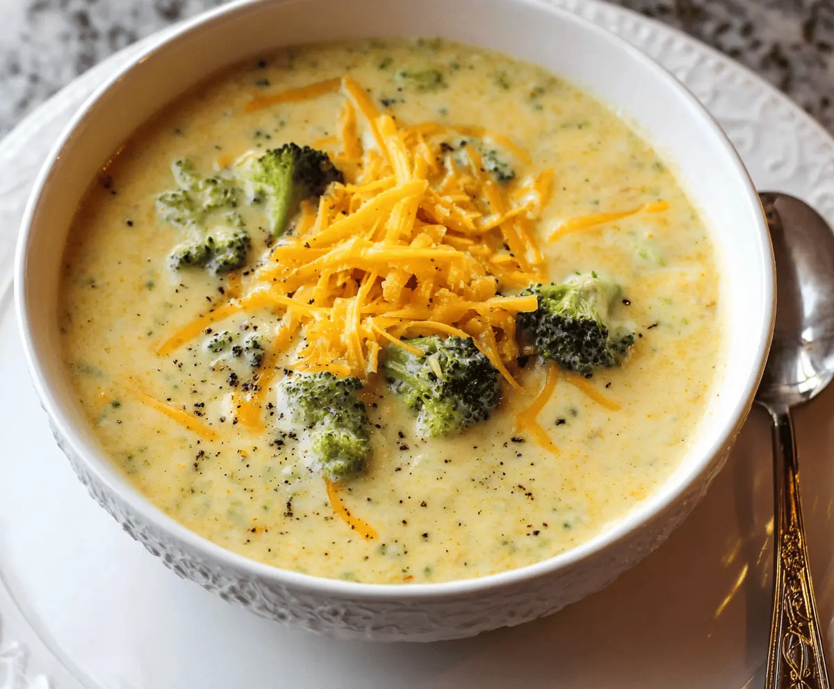 Creamy broccoli cheddar potato soup in a bowl with fresh broccoli florets and melted cheese, perfect for a comforting meal.