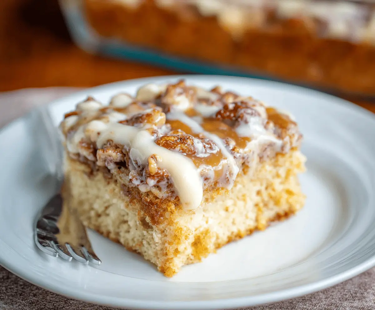 Delicious Butter Pecan Praline Poke Cake topped with pecans and caramel sauce, featuring moist cake layers infused with buttery pecan flavor and sweet praline topping.