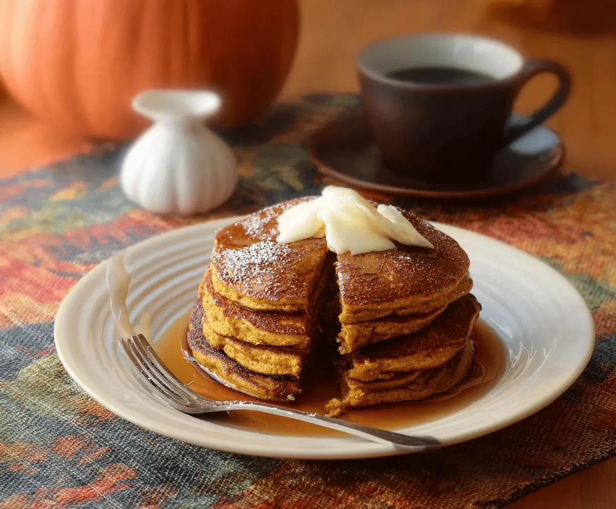 Fluffy buttermilk pumpkin pancakes topped with maple syrup and whipped cream, perfect for fall breakfast