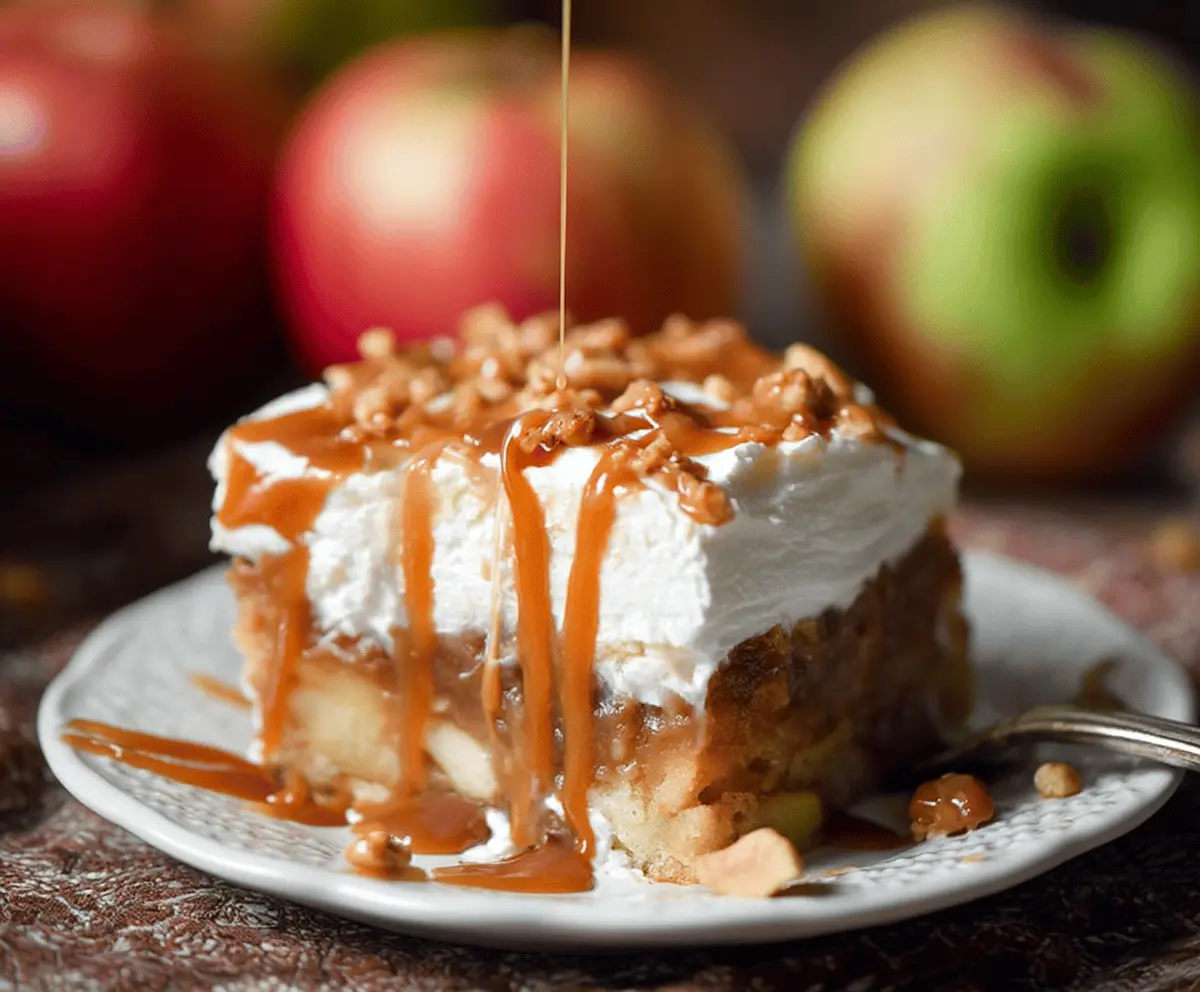 Delicious Caramel Apple Poke Cake topped with caramel sauce and apple slices, perfect for fall desserts