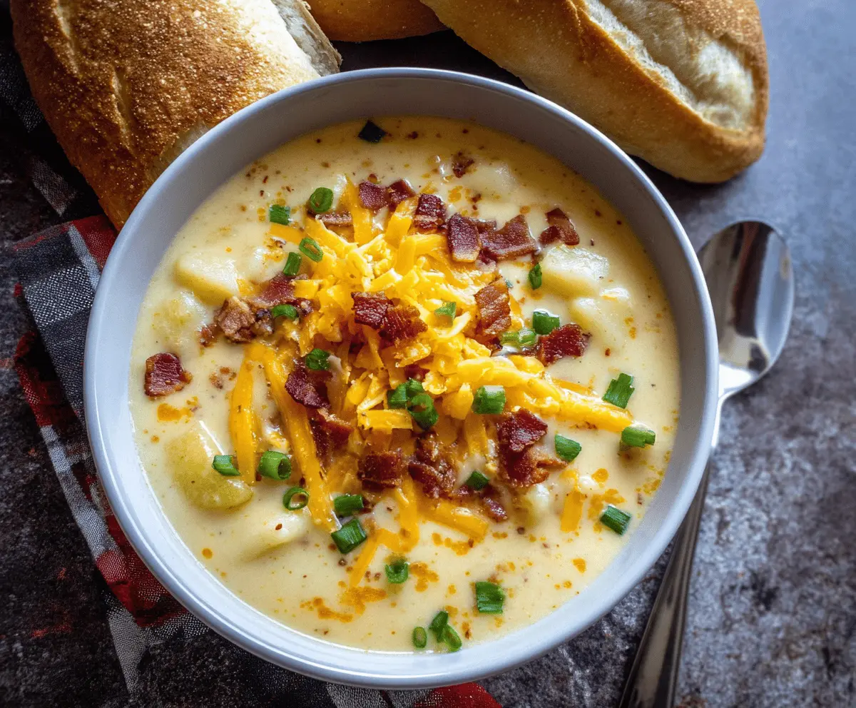 Creamy cheesy potato soup garnished with shredded cheese and fresh herbs in a bowl, perfect for a comforting meal.