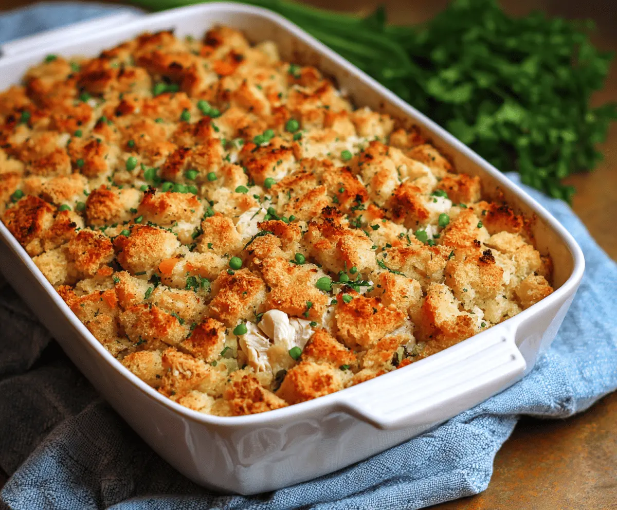 Delicious chicken and stuffing casserole topped with golden-brown crust, served hot on a white plate