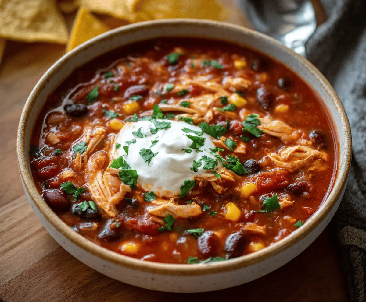 Delicious homemade chicken chili with beans, vegetables, and spices served in a bowl, perfect for a comforting meal