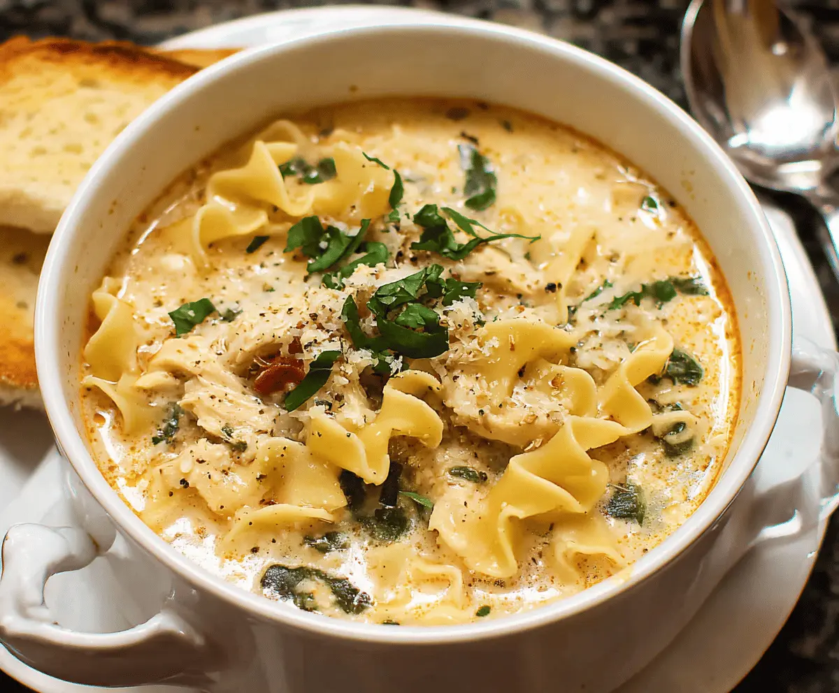 Delicious chicken lasagna soup with melted cheese, tender chicken, pasta, and fresh herbs in a bowl, perfect for comforting meals