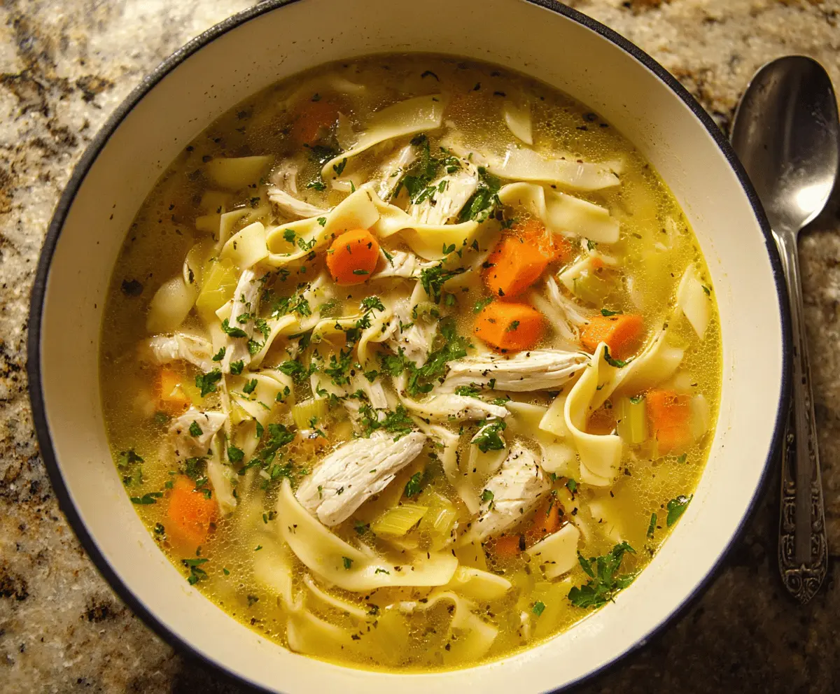 A steaming bowl of homemade chicken noodle soup with tender chicken, fresh vegetables, and hearty noodles garnished with herbs.