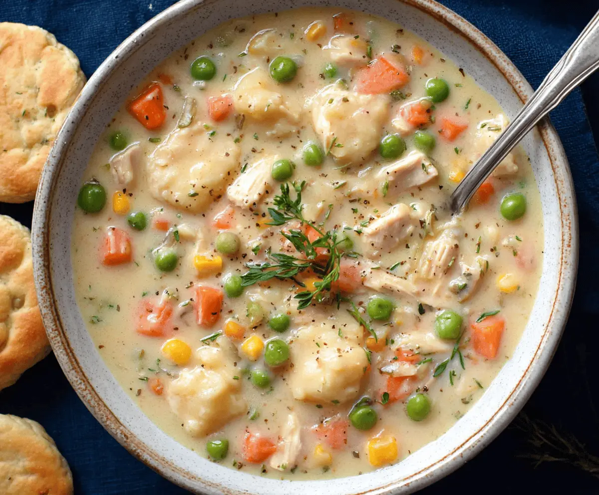 Creamy chicken pot pie soup garnished with fresh herbs and flaky crust, served in a bowl