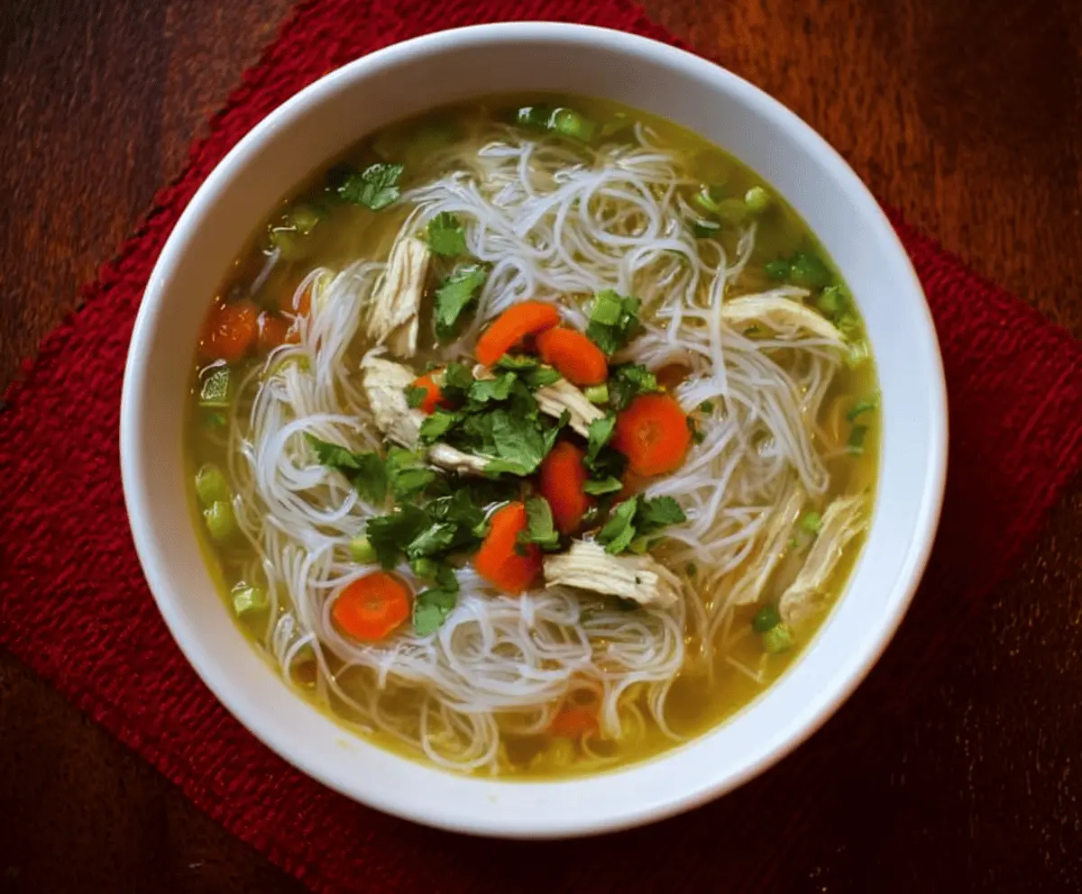 A steaming bowl of Chicken Rice Noodle Soup garnished with fresh herbs and sliced chicken, served with lime wedges and vegetables for a flavorful Asian-inspired meal.