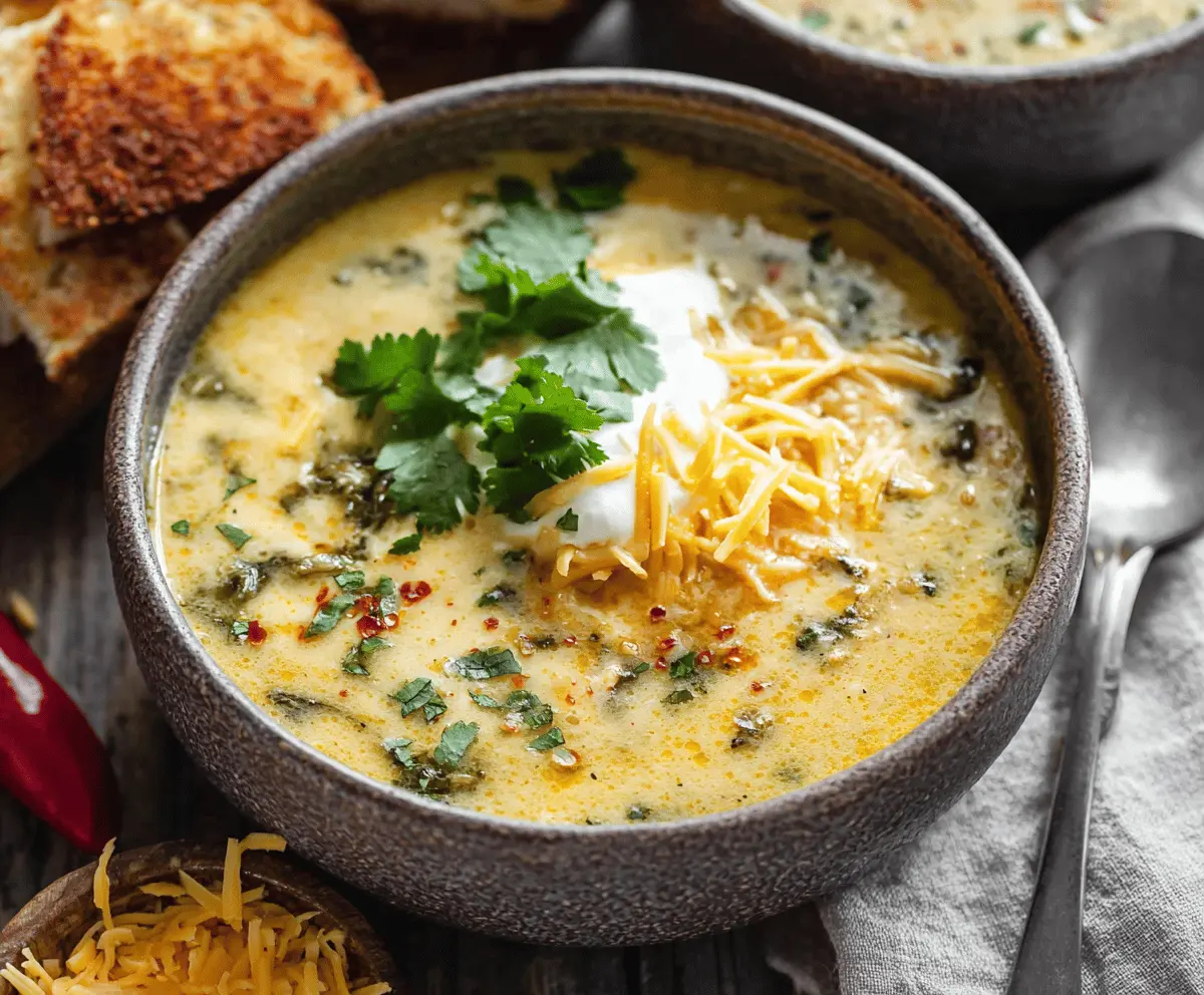 A bowl of spicy Chile Relleno Soup topped with melted cheese and fresh herbs, featuring roasted chile peppers and a flavorful broth.