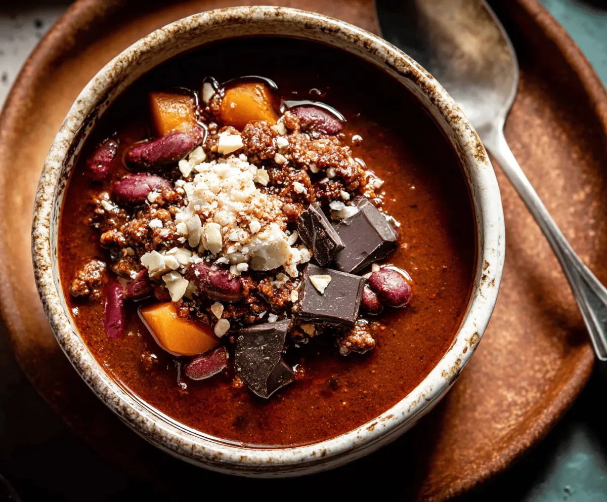Rich and spicy chocolate chili served in a bowl, topped with fresh herbs and a drizzle of melted cheese, perfect for a comforting and flavorful meal.