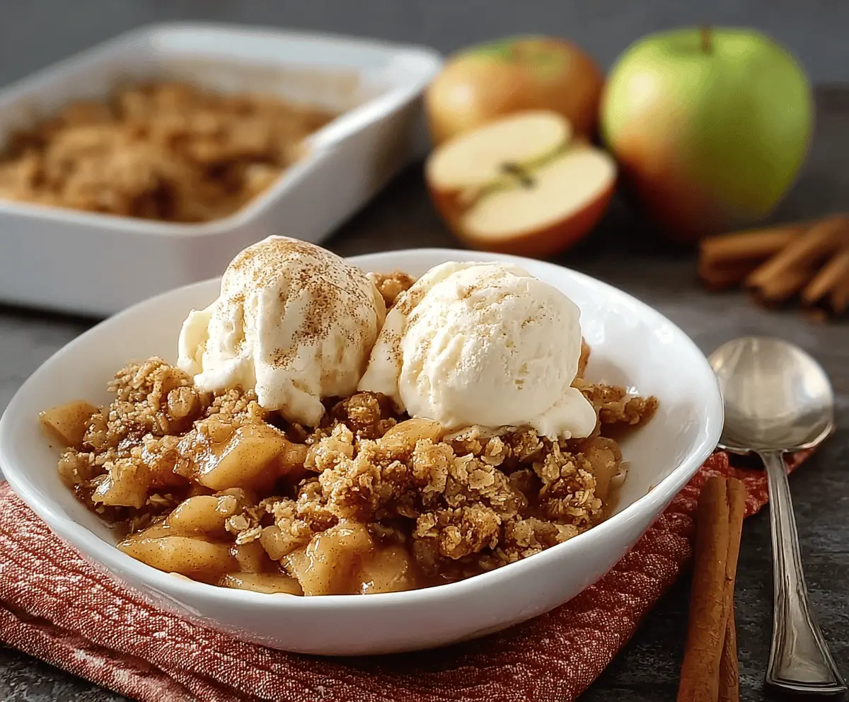 Delicious cinnamon apple crisp topped with crunchy oats and warm cinnamon, served in a baking dish ready to enjoy