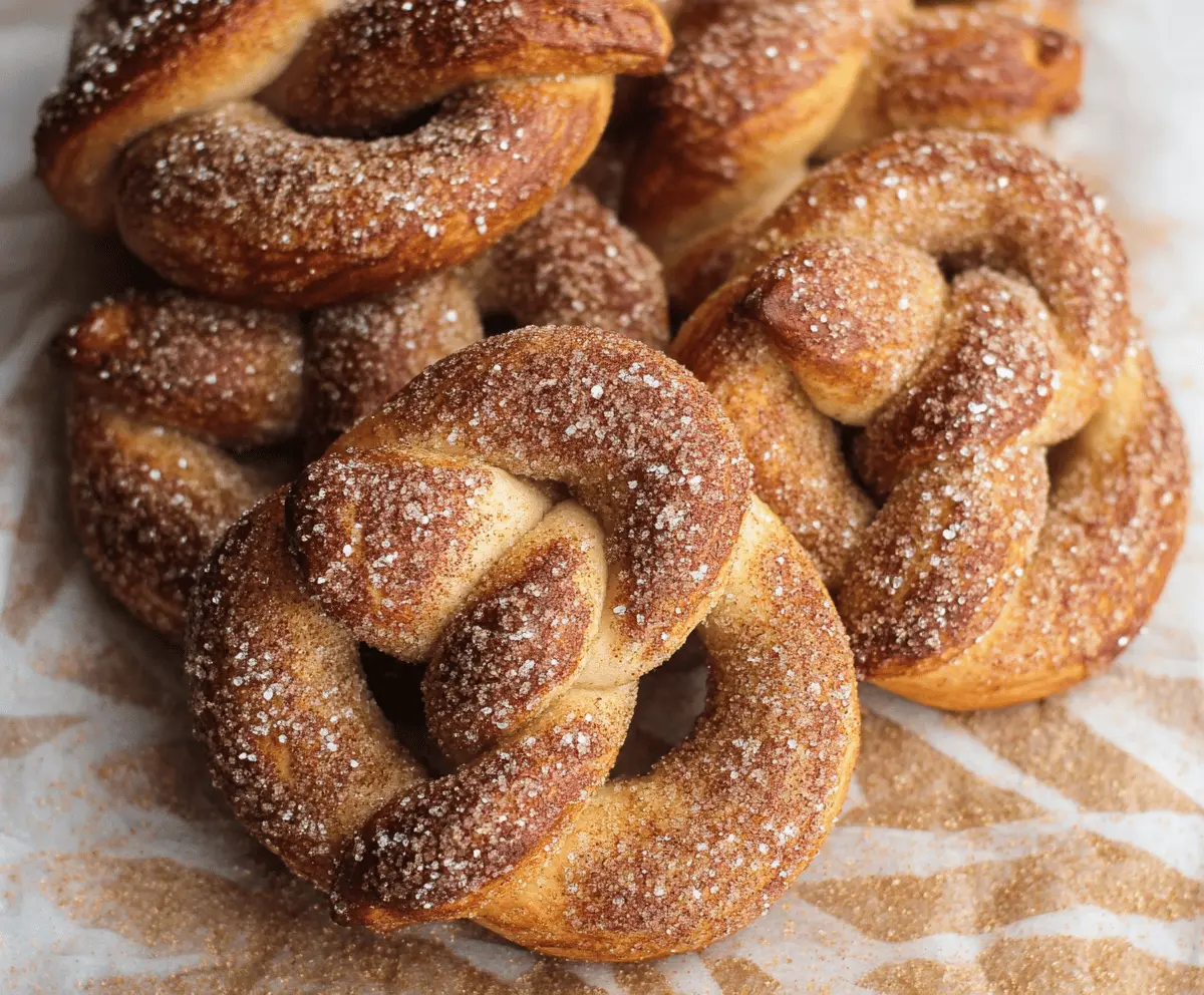 Soft pretzels coated with cinnamon sugar, golden brown and freshly baked, ready to enjoy as a sweet snack.