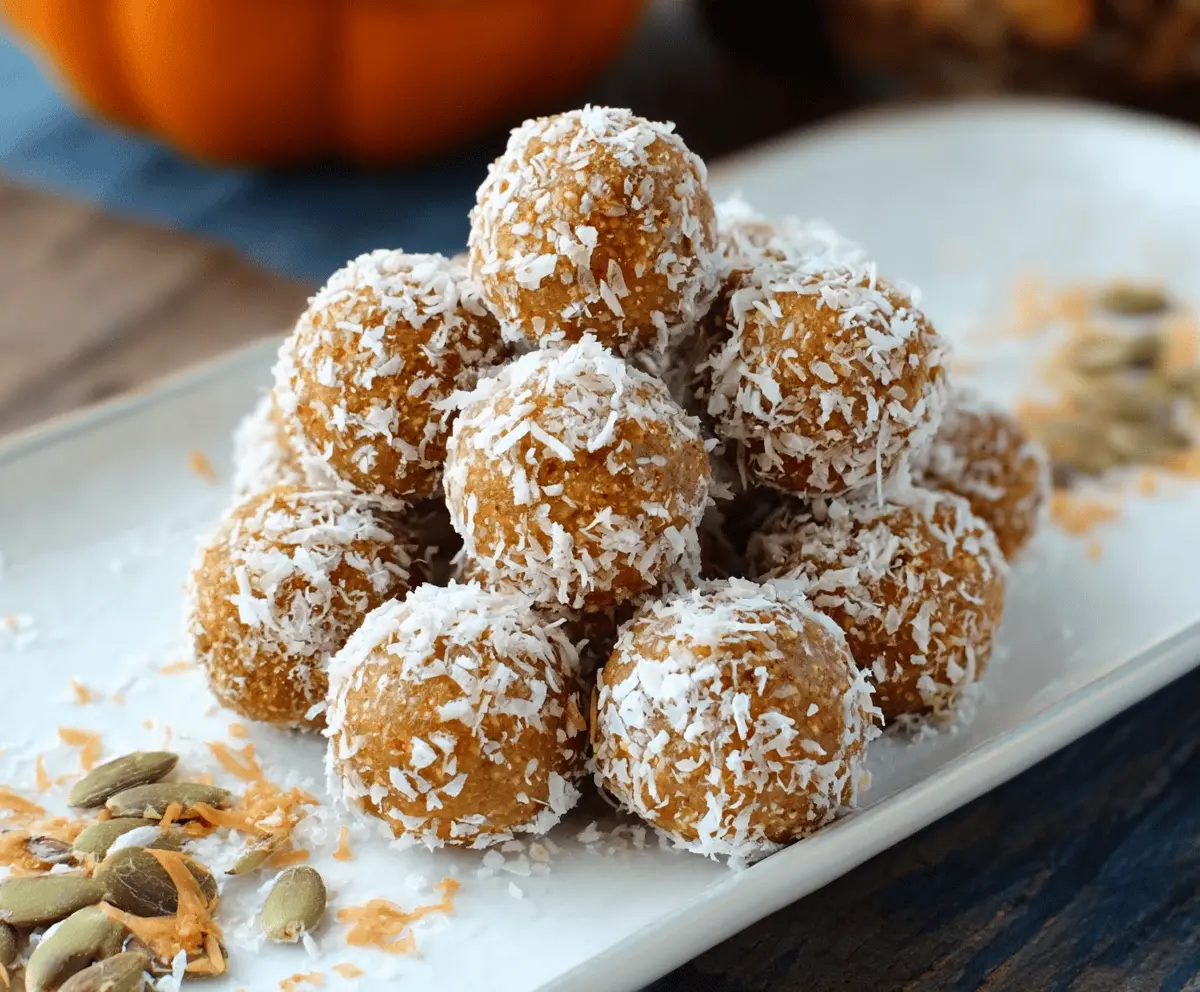 Healthy coconut pumpkin protein balls on a white plate, featuring shredded coconut, pumpkin seeds, and a creamy texture, perfect for a nutritious snack