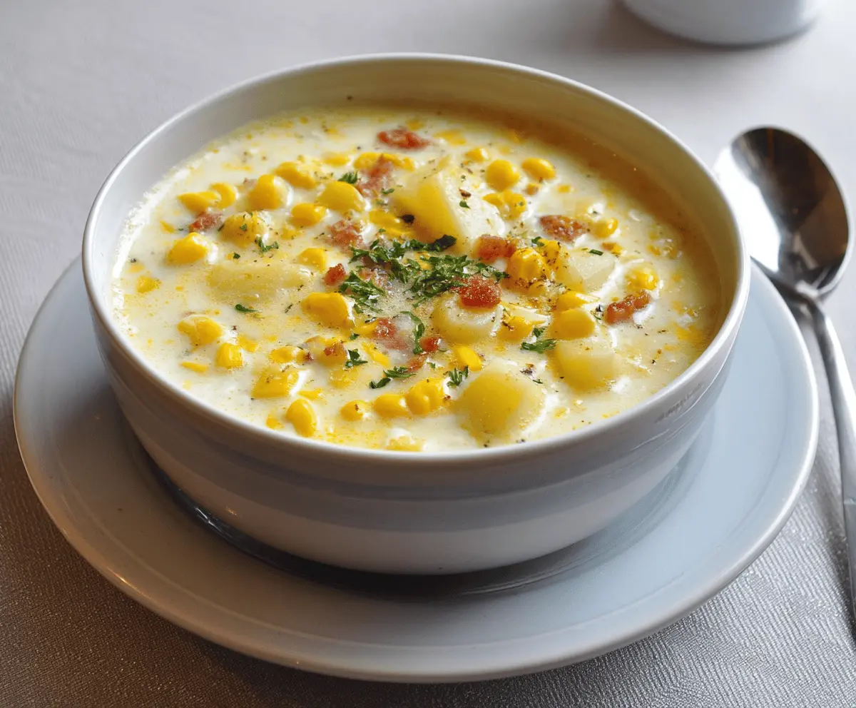 Creamy corn chowder in a bowl garnished with fresh herbs and served with bread on a rustic wooden table.