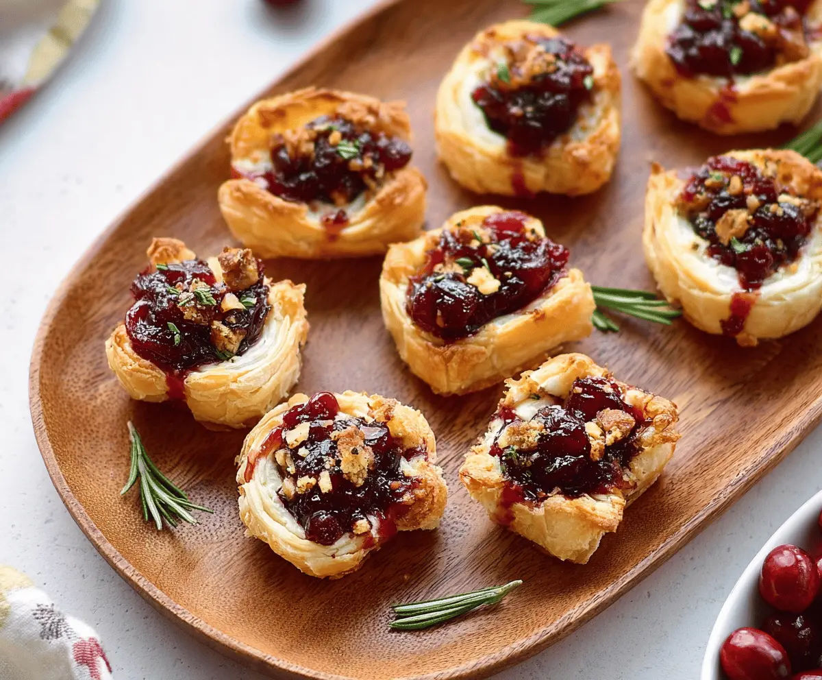 Delicious Cranberry Brie Bites topped with fresh cranberries and herbs, perfect for holiday appetizers and festive gatherings.