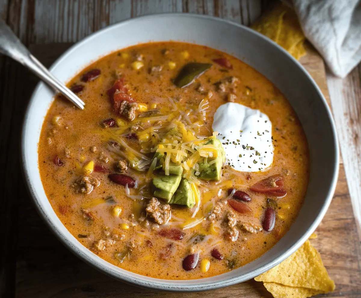 Creamy Beef Taco Soup in a bowl topped with shredded cheese, sour cream, and fresh cilantro, served with tortilla chips on the side