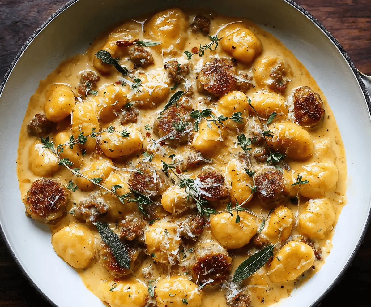 Creamy butternut squash gnocchi with sausage on a plate, garnished with herbs, perfect for a comforting fall meal