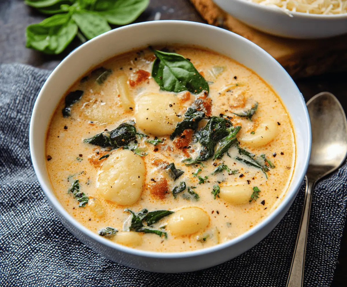 Creamy Gnocchi Soup in a bowl with fresh herbs, featuring tender gnocchi, vegetables, and a rich, creamy broth