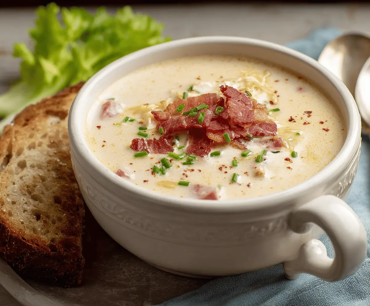 Creamy Reuben Soup served in a bowl with corned beef, sauerkraut, Swiss cheese, and rye bread croutons for a hearty, flavorful appetizer