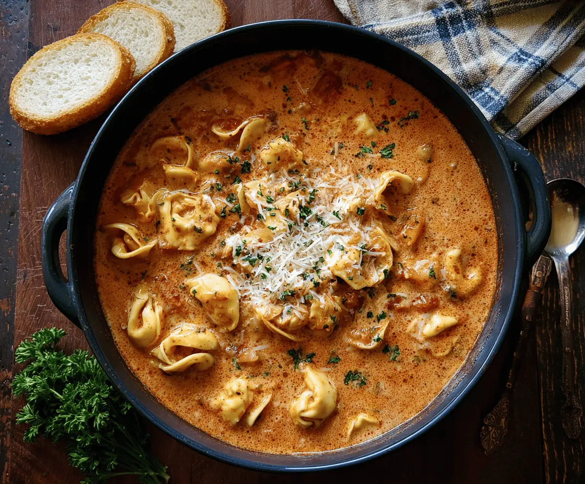 Creamy tortellini lasagna soup with melted cheese, fresh herbs, and savory broth in a bowl, ready to serve