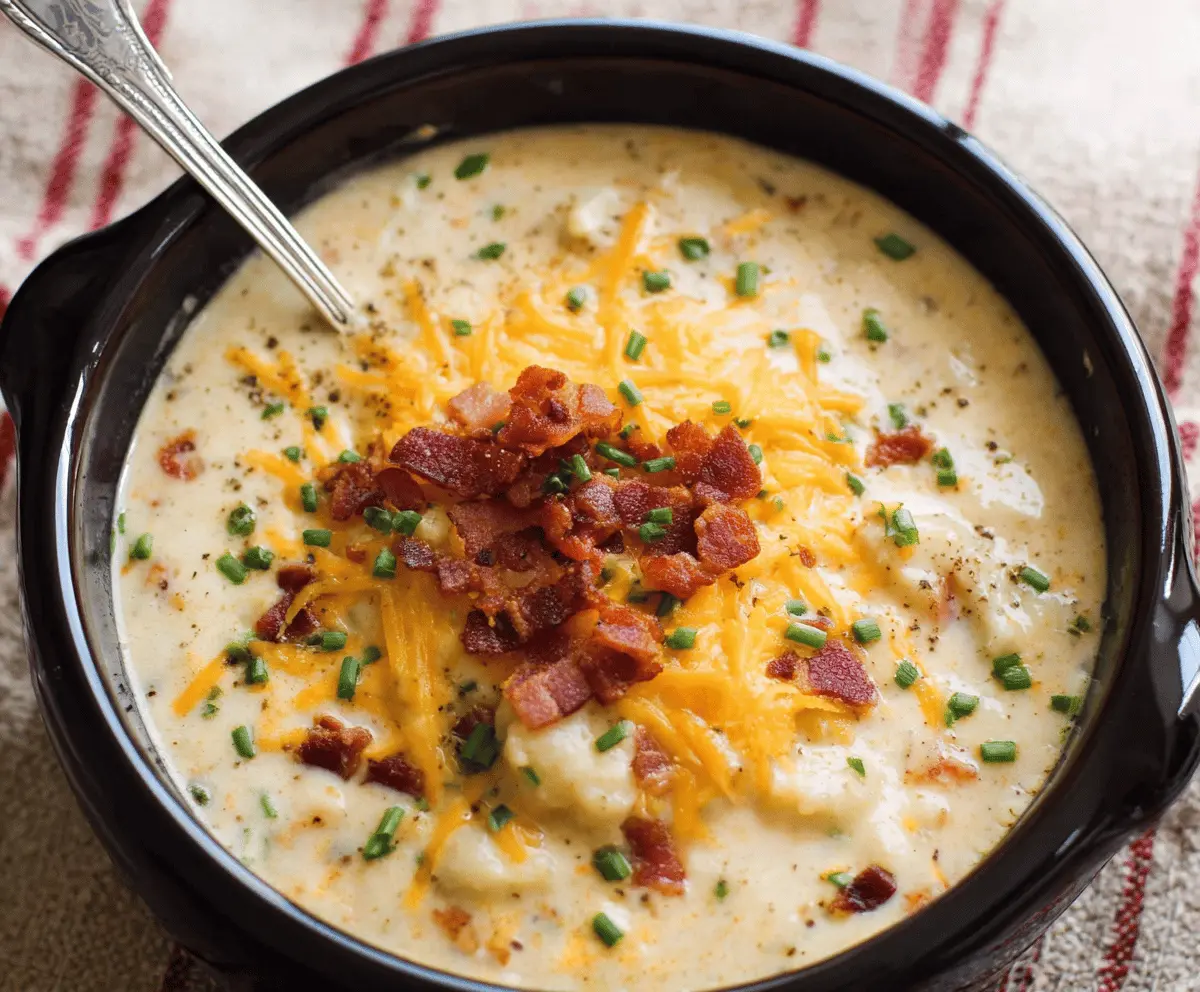 Creamy Crock Pot Crack Potato Soup in a bowl with cheese, bacon, and green onions, served as a comforting and hearty meal