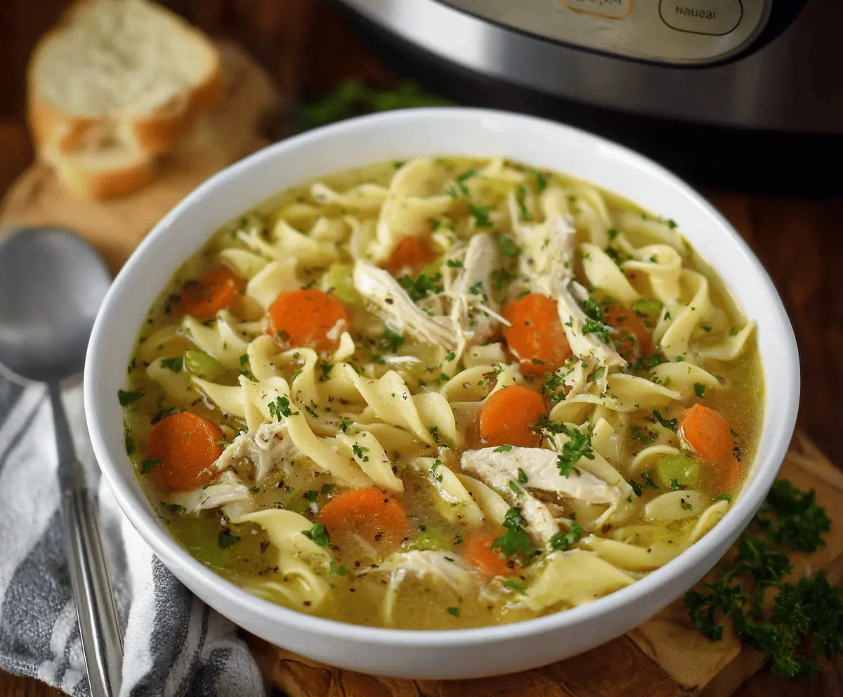 Creamy and hearty crockpot chicken noodle soup with tender chicken, vegetables, and noodles in a flavorful broth