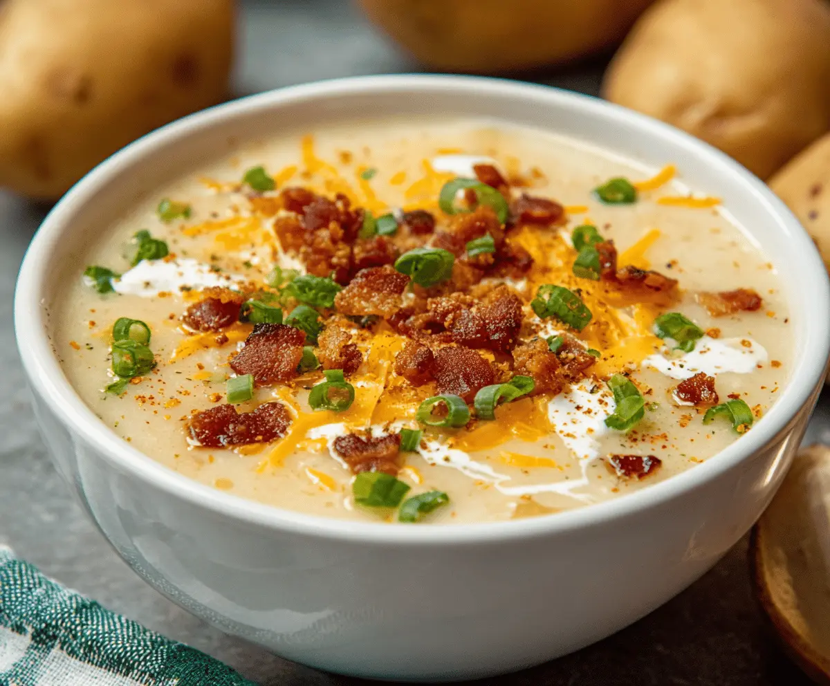 Creamy Crockpot Potato Soup in a bowl garnished with fresh herbs, served with bread on a rustic wooden table