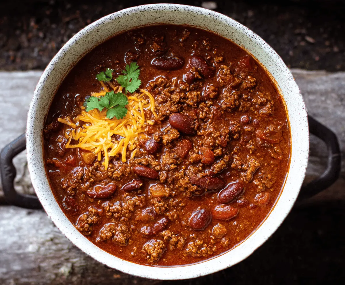 Hearty homemade Dutch Oven Chili in a rustic pot, featuring tender beef, beans, and vibrant spices for a comforting meal.