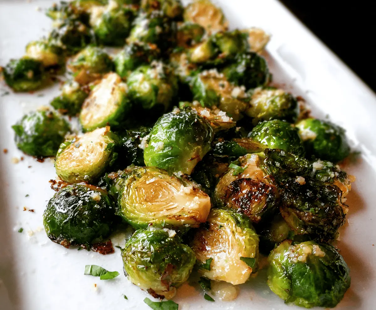 Roasted Brussels sprouts topped with garlic butter and fresh herbs, served as a delicious, crispy vegetable side dish.