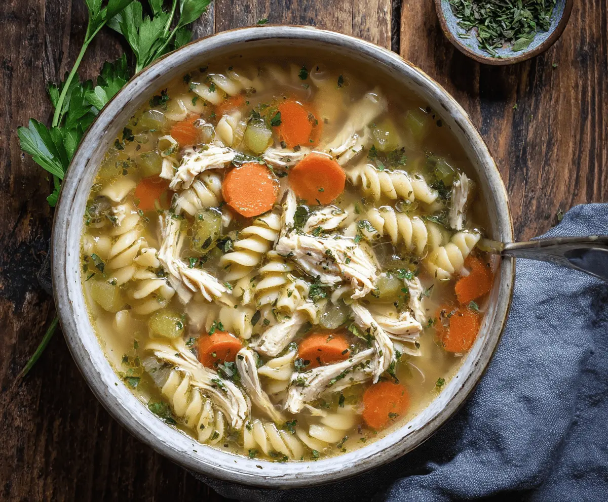 Hearty Garlic Herb Chicken Noodle Soup with tender chicken, fresh herbs, and vegetables in a savory broth