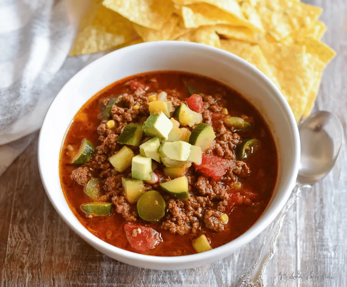 Delicious gluten-free taco soup in a bowl topped with shredded cheese, fresh cilantro, and lime wedges, served with tortilla chips.