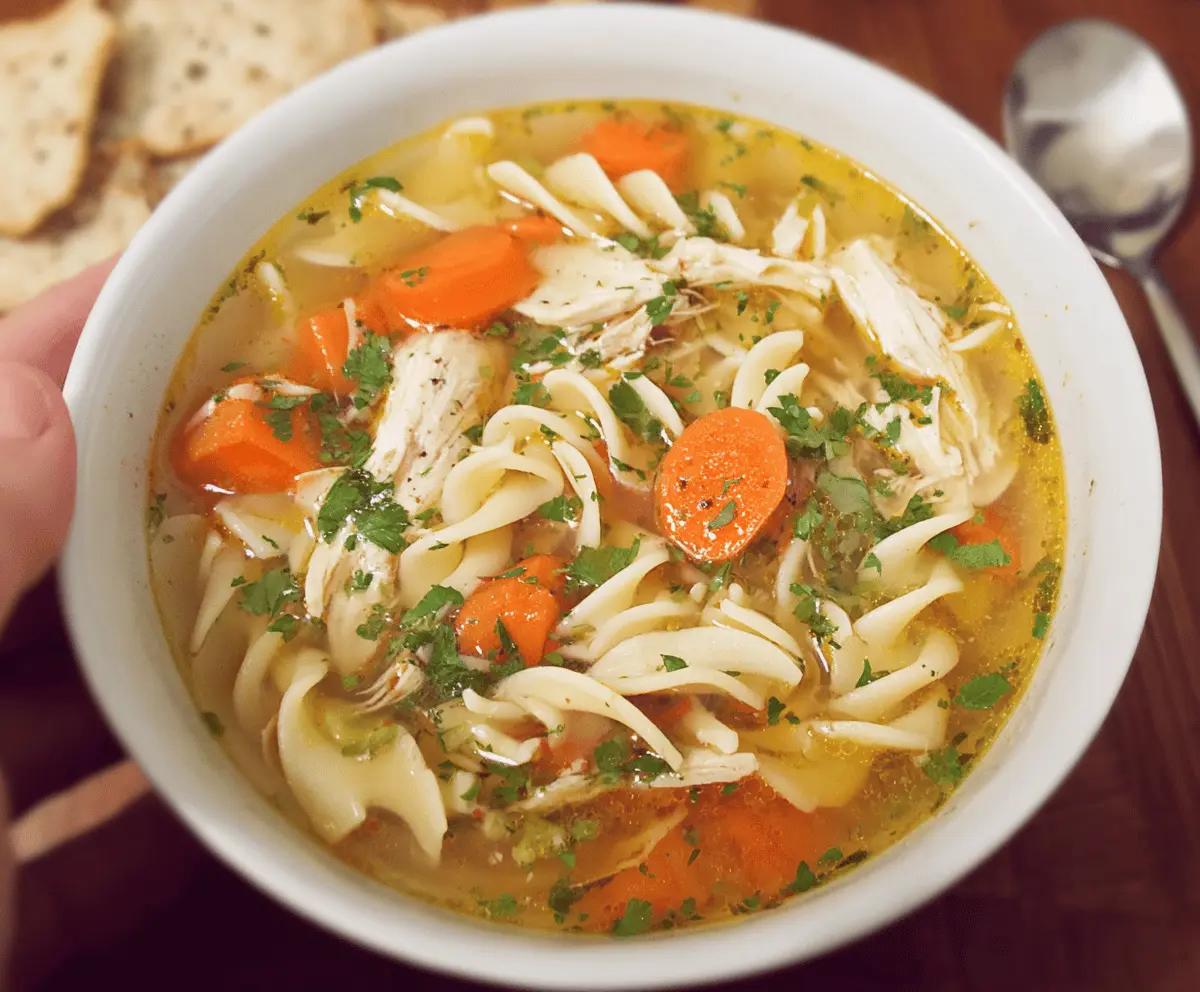 A steaming bowl of Grandma’s Chicken Noodle Soup with tender chicken, colorful vegetables, and soft noodles, served in a cozy kitchen setting.