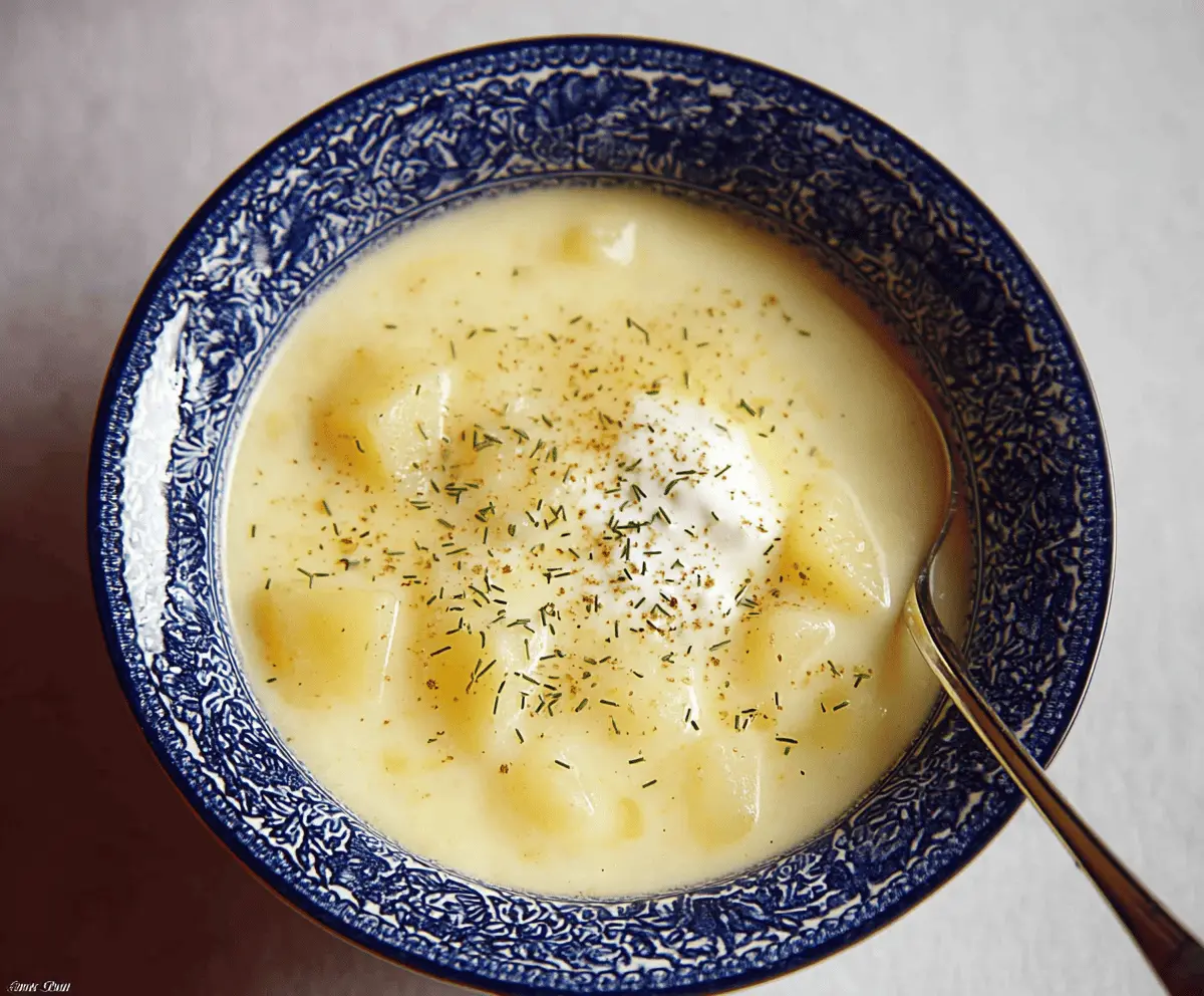 Creamy Grandma's Potato Soup in a rustic bowl with fresh herbs and a side of crusty bread, perfect for comforting homemade meals.