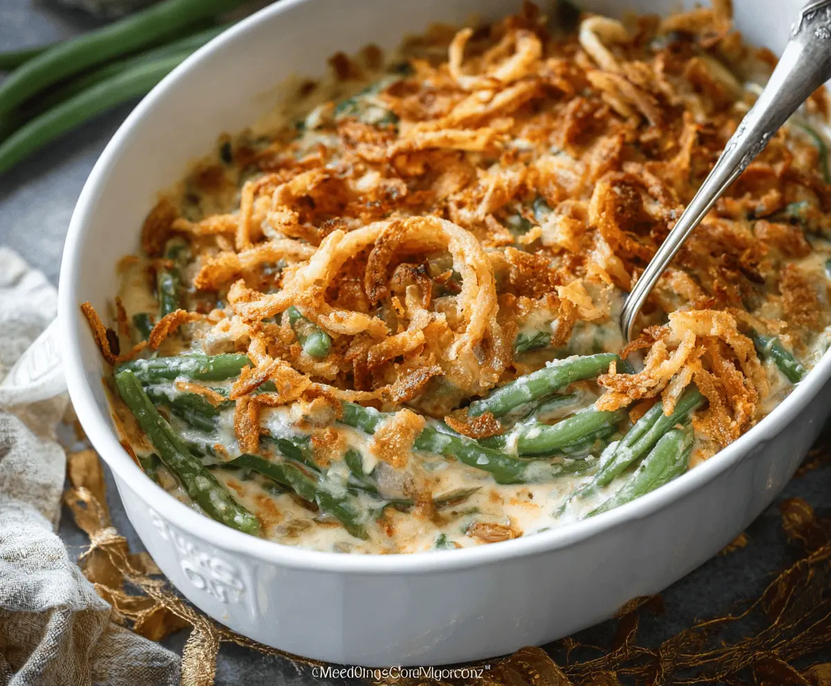 Delicious homemade green bean casserole topped with crispy fried onions, served in a baking dish, perfect for holiday dinners and family gatherings.